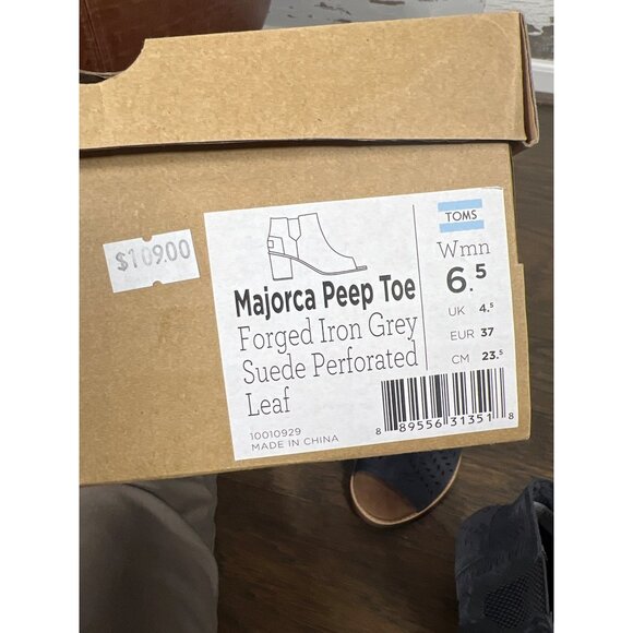 TOMS Majorca Peep Toe Boot Forged Iron Gray Suede Perforated Leaf Sz 6.5 NIB - Picture 8 of 8